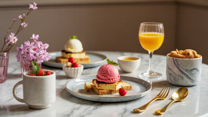 A delightful breakfast or brunch spread with ice cream-topped toast, fresh berries, orange juice, and floral decor