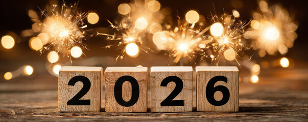 New year 2026 celebration sparkler holiday festive party wooden block bokeh countdown new year 2026 celebration with glowing sparkler light