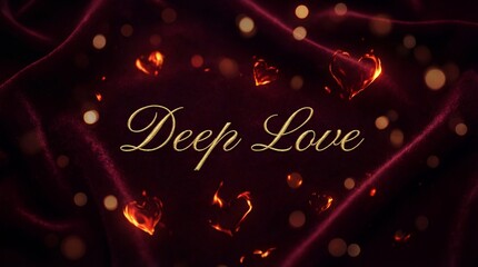 Deep love text with glowing hearts on dark background