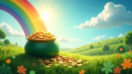 Naklejka premium Pot of Gold on Grass with Rainbow and Sunny Sky Background