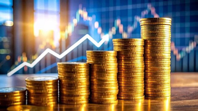 Stacks of golden coins arranged in ascending order, symbolizing financial growth and investment success.