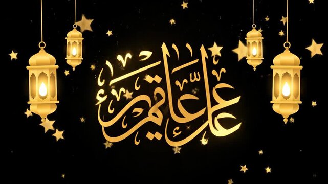 Golden Eid Mubarak Calligraphy with Lanterns with Black Background.