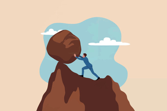 Businessman pushing a boulder up a steep hill to overcome obstacles and achieve goals