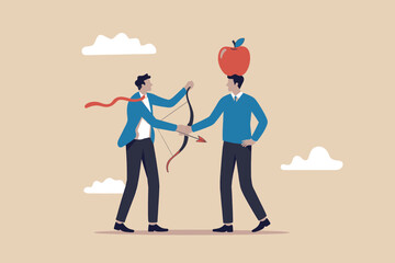 Man aiming bow and arrow at apple on another man's head