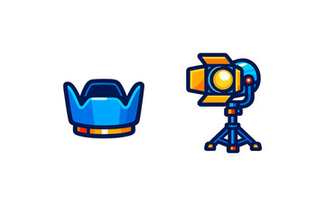 Obraz premium Professional photography equipment set with blue lens hood and orange studio spotlight on a tripod