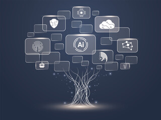 Futuristic Digital Tree of Artificial Intelligence and Deep Learning from Big Data Vector illustration Design Concept with holographic data visualization Dashboard in the tree Representing Innovation.