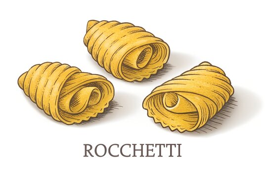 Hand drawn illustration featuring three pieces of uncooked rocchetti pasta shapes shown close up against a clean white background with the name below