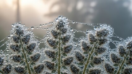 Intricate macro close-up of vibrant fern fronds and a delicate spiderweb, densely covered with sparkling morning dew drops, glistening in soft light.