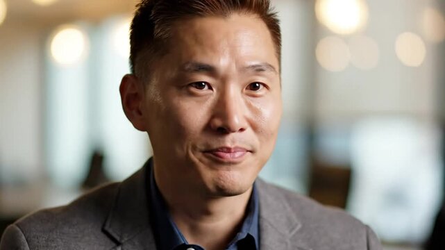 Asian man in professional attire speaks positively and recommends a service to viewers