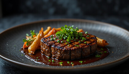 Grilled Vegan Steak Alternative with Peppercorn Sauce and Vegetables. Luxury Plant-Based Fine Dining Plate on Dark Moody Background