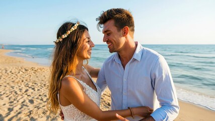 Romantic young couple embracing on sunny beach expressing love trust happiness and emotional connection during relaxed seaside vacation lifestyle moment