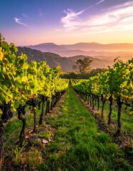 Obraz premium Vineyard rows lead to distant mountains under a sunrise sky