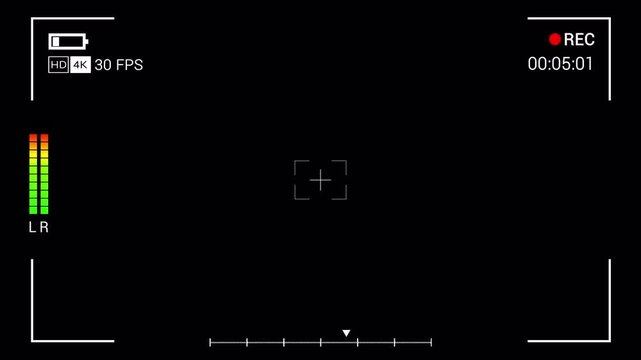 Camera Screen Recording Overlay HUD Square Alpha Channel With White Corner Frame Small Center Focus Audio Level Meter Level Indicator Rec Dot Timer HD 4K 30fps Battery Icon On Transparent Background