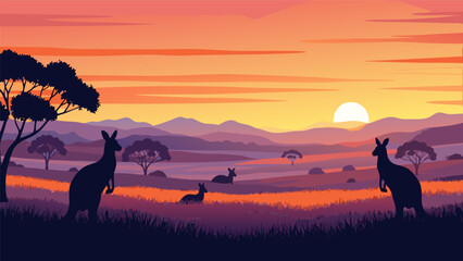 Vibrant vector illustration of kangaroos in the Australian outback at sunset, a serene landscape scene © PDWN Creative
