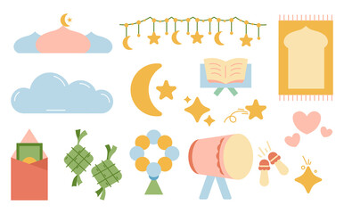 Fototapeta premium Cute Ramadan Islamic Icons Set for Greeting Cards, Social Media and Holiday Design