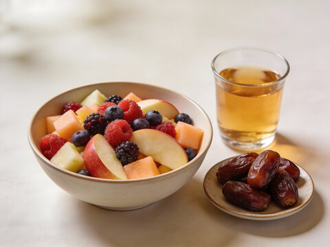 vibrant suor fruit bowl with fresh berries, apples, and citrus&mdash;paired with a small plate of dates and a glass of spiced tea&mdash;evoking balanced nourishment, vitality, and mindful pre-dawn preparation for