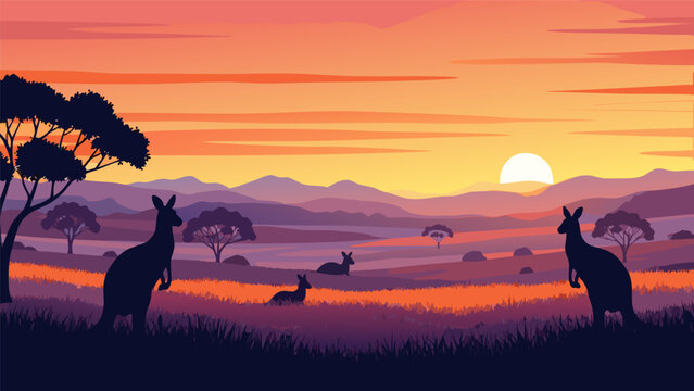 Vibrant vector illustration of kangaroos in the Australian outback at sunset, a serene landscape scene
