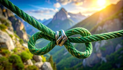 Green rope with a silver clasp against a blurry mountain landscape and a glowing, sunny sky