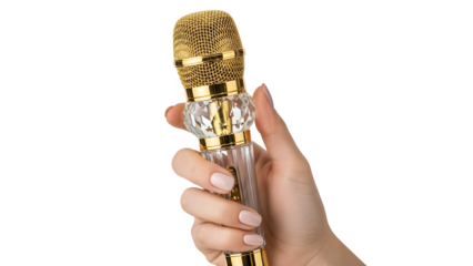 Woman's Hand Holding Gold and Crystal Wireless Microphone Product Shot isolated PNG with Transparent Background