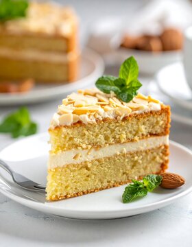 Close-up of a vanilla cake slice with white frosting, almonds and mint garnish on a white plate