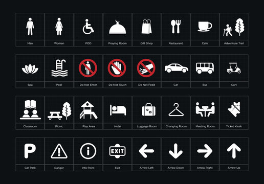 icon set of  vector comprehensive amenities pictograms for wayfinding signages, information system in public, commercial and hospitality environments