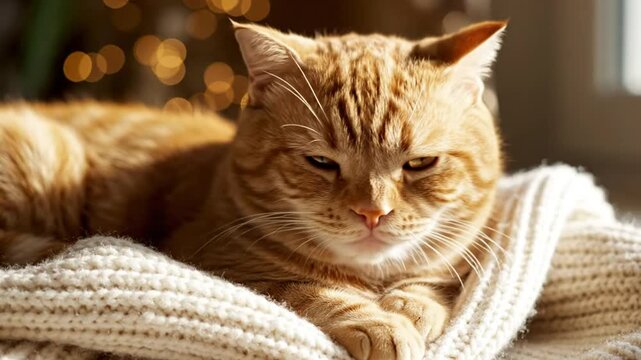 Ginger tabby cat relaxing on a cream colored knitted blanket, blinking, and purring sounds, closeup