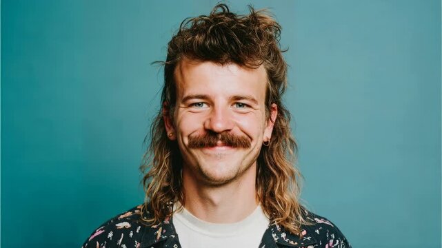 Friendly portrait of young man with long hair and mustache smiling confidently against calm blue background showing individuality openness and relaxed modern personality in clean studio lighting
