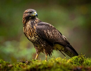 Obraz premium Hawk perched on moss. Looking alert with brown and yellow feathers against blurred green background