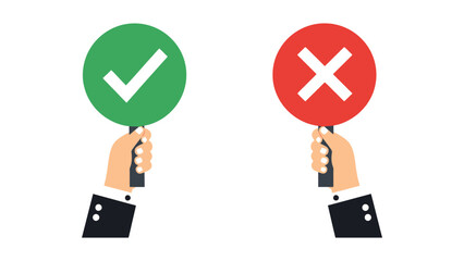 Hands hold signs with a checkmark and a cross, indicating approval and disapproval.