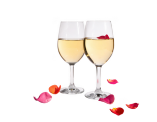 Two wine glasses with a heart shaped shadow and petals,white background