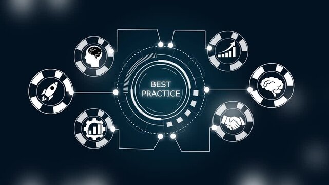 Best practice concept with digital workflow interface, process optimization icons and professional business standard framework