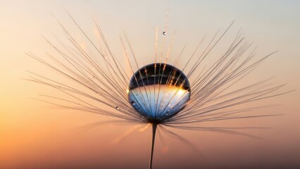 Obraz premium Macro shot of a sparkling water droplet on a delicate dandelion seed head, reflecting a vibrant orange and blue sunrise sky.