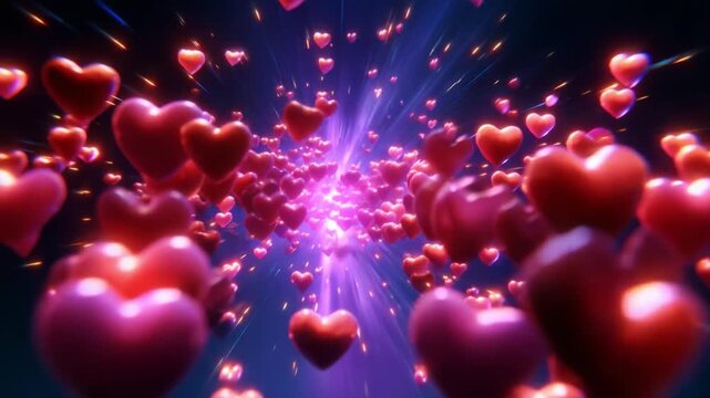 A mesmerizing explosion of radiant hearts fills the screen with an enchanting glow, symbolizing love and affection, creating a stunning visual experience of passion and warmth in vibrant colors.