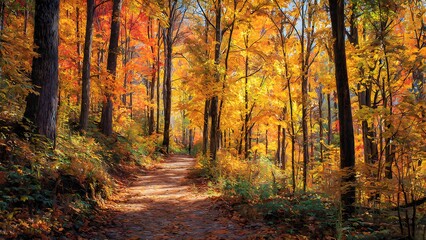 Obraz premium A beautiful autumn landscape featuring a colorful path through the woods with vibrant orange and red foliage falling from the yellow trees in a peaceful woodland forest