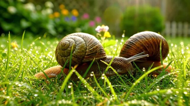 Close up view of two snails slowly gliding across a lush, vibrant green grassy field on a sunny day