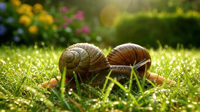 Morning dew glistens on green grass as two snails slowly make their way across a sunlit meadow.
