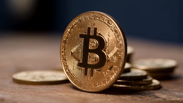 Close up of golden bitcoin coin standing on surface symbolizing cryptocurrency digital finance investment growth and modern economic innovation concept