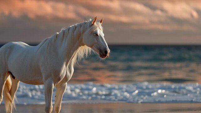 A majestic snow-white horse wanders along the shore, its flowing mane catching the evening breeze. Waves lap gently, creating a serene backdrop at twilight