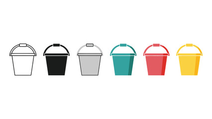 Collection of colorful buckets arranged in a row on a white background.