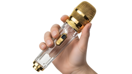 Hand holding a gold and clear plastic wireless microphone isolated PNG with Transparent Background