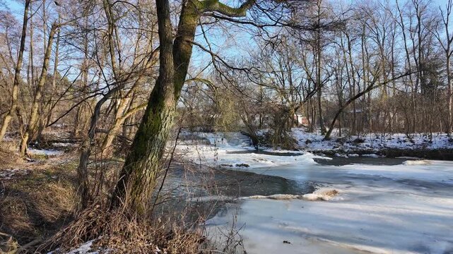 Winter and snow on the small Grabia River, Poland.