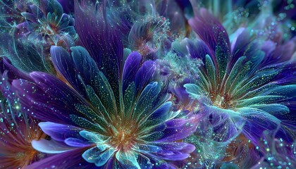 Luminous flower fields with cybernetic veins and mirrored petals