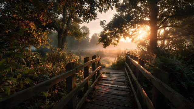 A scenic autumn path winds through a misty forest landscape where the golden morning sunrise glows behind wooden boardwalk trees and fallen leaves