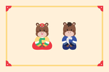 Fototapeta premium Cute Horse Characters in Hanbok Set for 2026 Lunar New Year