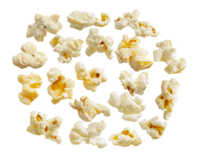 a scattered collection of fluffy white popcorn kernels on a transparent background, presented as a top-down view, ideal for snack-related content and advertising.