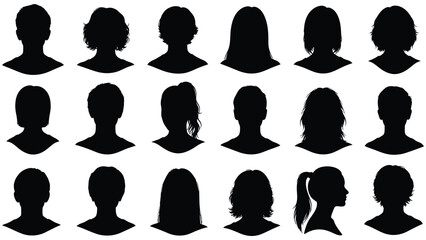 Collection of diverse anonymous silhouettes of human heads and hairstyles.
