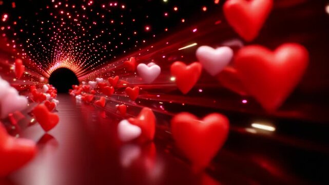 A Stunning Visual Journey Through a Romantic Tunnel Filled with Floating Hearts and Glowing Lights, Creating an Enchanting Atmosphere of Love and Affection, Perfect for Celebrating Relationships and