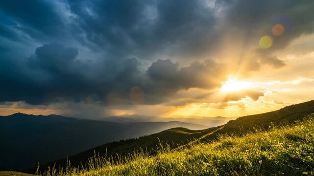 Epic scenic mountain landscape under dramatic sky with golden sun rays piercing through rain clouds at sunset