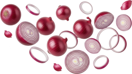 Assortment of whole sliced and ringed fresh red onions tumbling dynamically in a vibrant culinary composition vegetable rings food ingredient purple produce bulb root vegetable transparent background