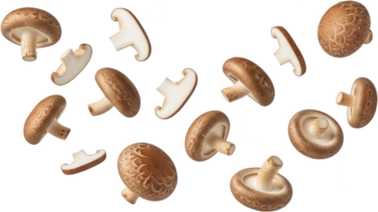 Several fresh brown shiitake mushrooms are captured in various floating orientations showcasing caps and cross sections food fungus ingredient edible whole slice cooking transparent background